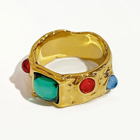 Vintage Golden Colorful Glass Chunky Rings for Ladies